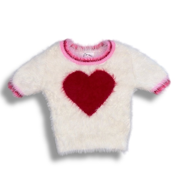 Fuzzy Heart Sweater ♥️ Juniors Tween Girls Varsity Heart White Pink Faux Fur - Picture 1 of 13